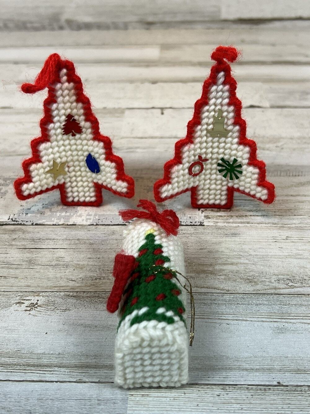Vintage Handmade Christmas Ornaments Lot 3 Plastic Canvas Trees Mailbox 3D